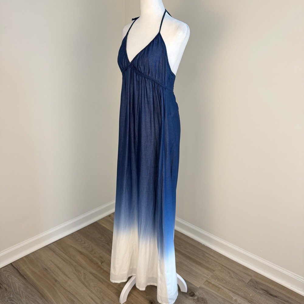Gap Ombre Cotton Halter Maxi Dress Womens Medium Blue White Boho Coastal Summer - Picture 4 of 11